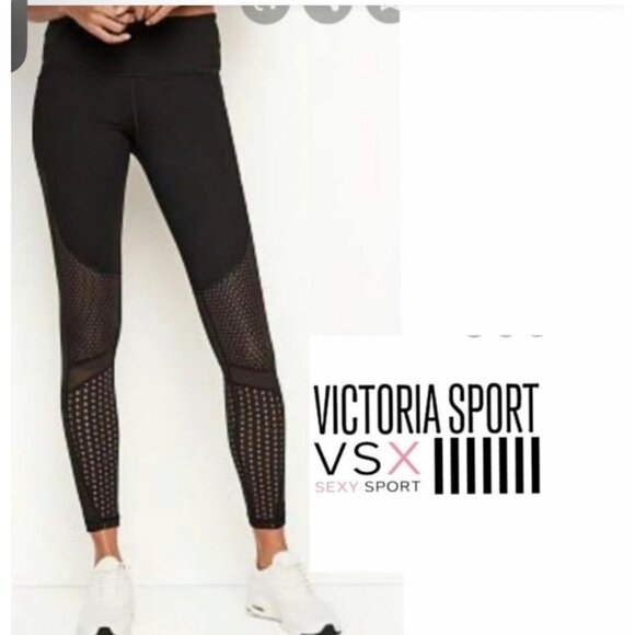 Victoria Sport VSX Black Mesh Leggings Small High-Waisted 7/8 Length Stretch Act - Picture 1 of 4